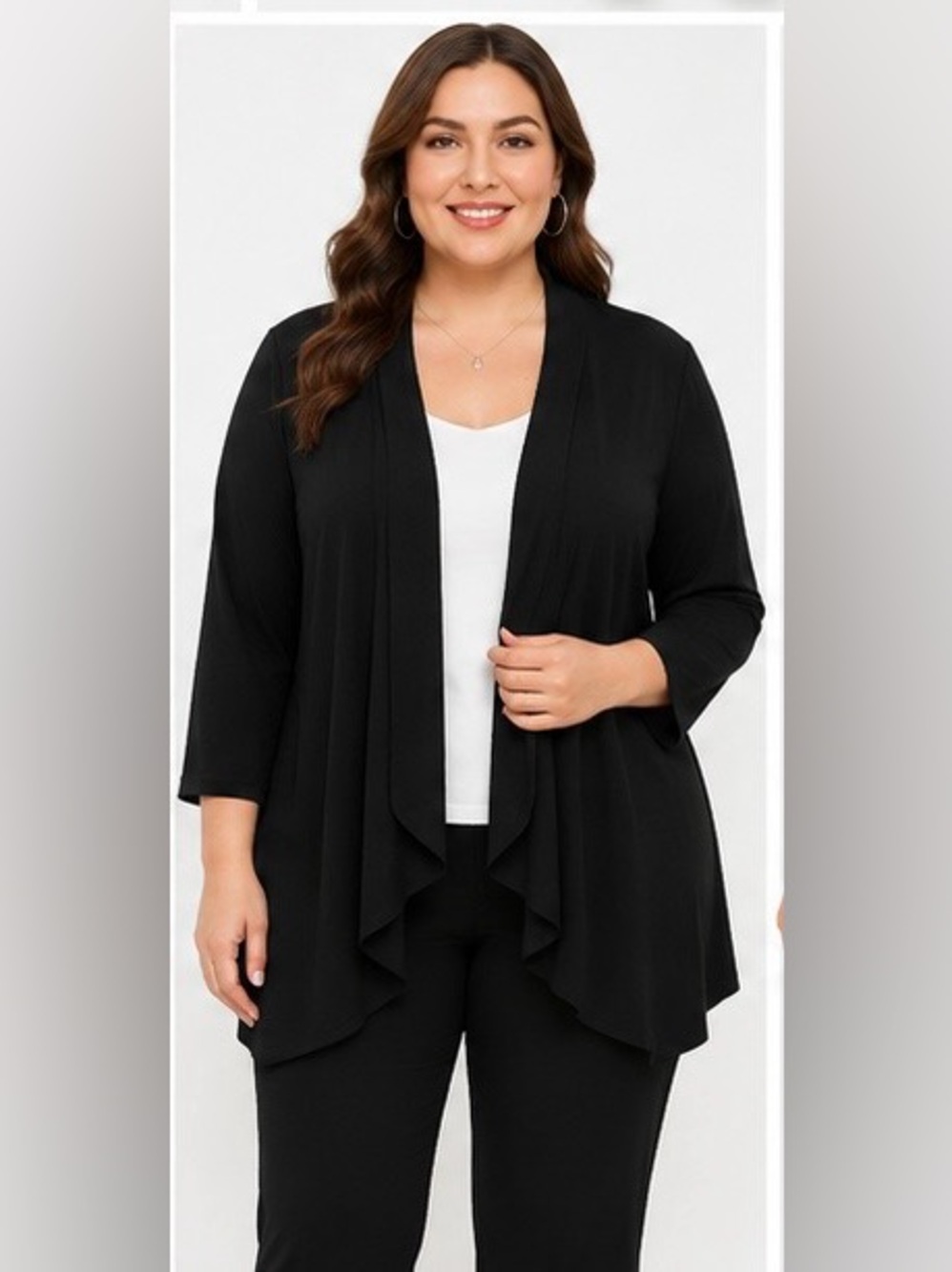 R&M Collection Black Draped Open Front Cardigan Jacket XL 3/4 Sleeve